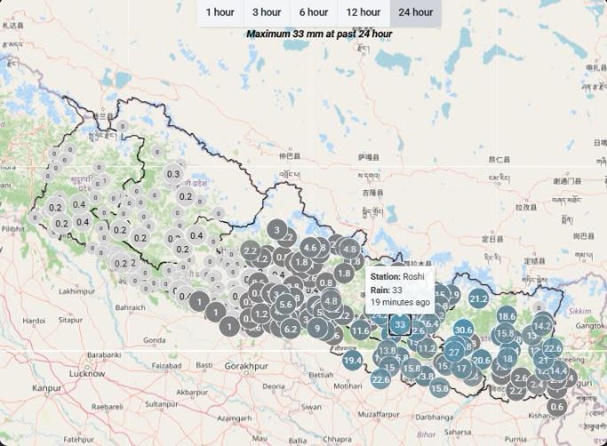 पछिल्लो २४ घण्टामा काभ्रेको रोसीमा सबैभन्दा धेरै वर्षा
